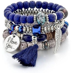 ‘I love you’ armband – Blauw – Handgemaakte bedelarmband – Boho armband – Vriendschapsarmband – Kralenarmband – Ibiza armband – 4-laags – Boho chique