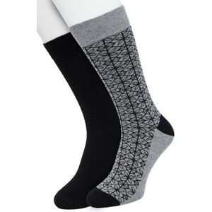 Bonnie Doon Heren Sokken set Zwart/Grijs maat 40/46 - 2 paar - Effen en Print - Gladde Naden - Brede Boord - Uitstekend Draagcomfort - Perfecte Pasvorm - 2-pack - Multipack - Effen - Mini Tile - Zwart - Grijs - Black - Grey Melange - OL2225012.421
