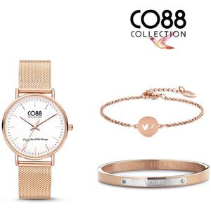 CO88 COllection 8CO Set064 Armband dames - 2 stuks - Horloge met mesh band - Staal - Rosekleurig
