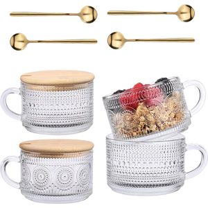 Set van 4 vintage koffiekopjes, glazen theekopjes, helder reliëf glazen kopjes met bamboe, ontbijtkopjes, voor cappuccino, latte, ontbijtgranen, yoghurt, melk, verjaardag, kerstcadeau (helder)