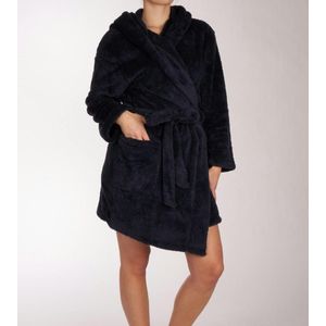 SCHIESSER Essentials badjas - dames kamerjas teddyfleece comfort fit donkerblauw - Maat: XL