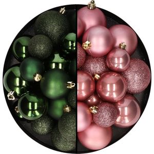 Kerstballen 60x stuks - mix donkergroen/oudroze - 4-5-6 cm - kunststof - kerstversiering