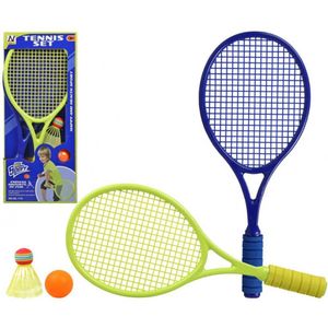 Tennisset/badmintonset blauw/groen met rackets, bal en shuttle 46 cm voor kinderen - Voordelige tennis set - Buitenspeelgoed