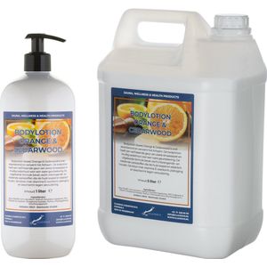 Bodylotion Sweet Orange & Cedarwood 1 liter met gratis pomp - hervulbaar + Jerrycan 5 liter navulling