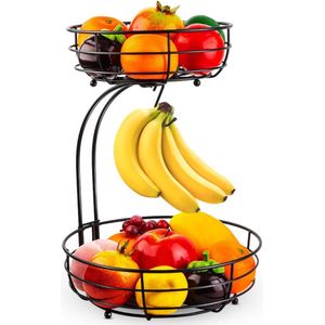 SensaHome - Fruitmand met Bananenhouder - Rond 2-Laags Zwart - Fruitschaal - Etagere - Metaal - Industrial - Modern