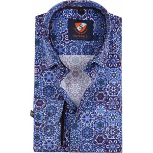 Suitable - Overhemd Blauw Paars Dessin - 40 - Heren - Slim-fit