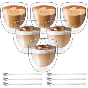 Latte Macchiato glazen dubbelwandige espressokopjes set: 6 x 80 ml met 6 lepels