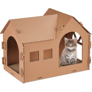 Relaxdays kattenhuis karton - met krabplank - kattenmeubel binnen - kattenmand met dak