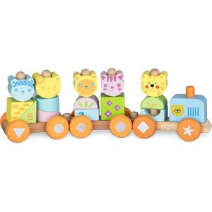 Navaris houten speelgoedtrein voor kinderen - Blokken met dieren en getallen - Voor jongens en meisjes - Vanaf 18 maanden - Kleurrijk tijger design