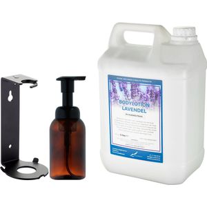 Zeepdispenser 300 ml amber bruin hervulbaar + 5 liter Bodylotion Lavendel navulling (inclusief beugel)