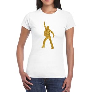 Bellatio Decorations disco verkleed t-shirt voor dames - wit - gouden glitter - jaren 70/80 XL