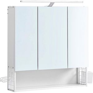 Spiegelkast badkamer met verlichting, badkamerkast, geïntegreerde kabel, spiegelkast, wandkast, in hoogte verstelbare plank, 3 deuren, modern, wit