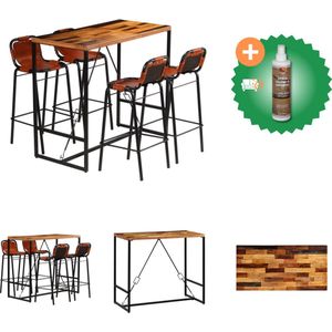 vidaXL 5-delige Barset massief gerecycled hout en echt geitenleer - Set tafel en stoelen - Inclusief Houtreiniger en verfrisser