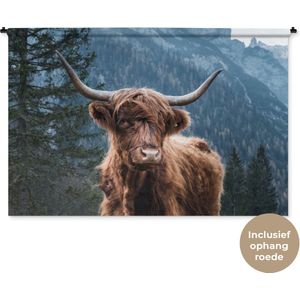 Wandkleed - Wanddoek - Schotse hooglander - Bos - Den - 180x120 cm - Wandtapijt