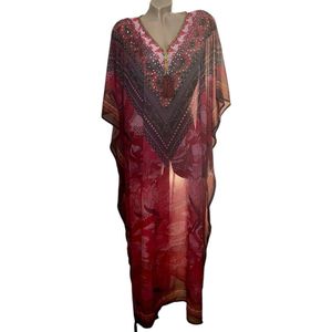 Kaftan half transparant met steentjes 26/L 128/105cm One size 42-54 rood/donkerrood/wit/roze