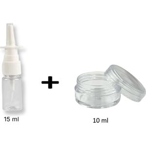 5 x Neusspray 15ml + 5 x Kunststof Potjes 10ml - Perfect voor Lipgloss - Zalf - Lippenbalsem - Crèmes - Vaseline - Cosmetica - Medicatie - Pillen - Hervulbaar - Multifunctioneel - Reisflesjes- Hobbymateriaal - Lekvrij