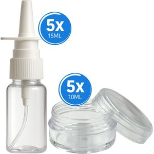 5 x Neusspray 15ml + 5 x Kunststof Potjes 10ml - Perfect voor Lipgloss - Zalf - Lippenbalsem - Crèmes - Vaseline - Cosmetica - Medicatie - Pillen - Hervulbaar - Multifunctioneel - Reisflesjes- Hobbymateriaal - Lekvrij