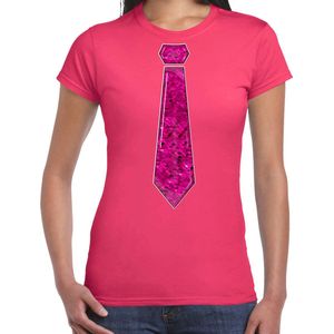 Bellatio Decorations Verkleed shirt dames - stropdas paillet roze - roze - carnaval - foute party XS