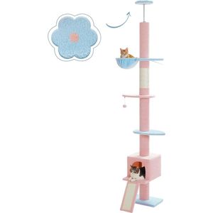 PAWZ Road krabpaal voor katten - krabpaal tot aan het plafond - 216-273 cm - Blauw/Roze - Toren - Kattenhuis - Kattenmand - Hangmat