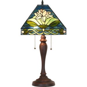 HAES DECO - Tiffany Tafellamp 31x31x61 cm Groen Blauw Glas Kunststof Vierkant Bloemen Tiffany Bureaulamp Tiffany Lampen Glas in Lood