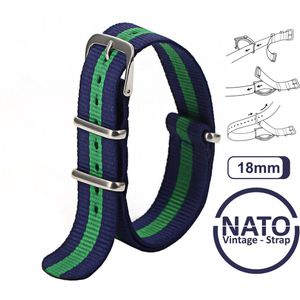 18mm Nato Strap Blauw met Groene streep - Vintage James Bond - Nato Strap collectie - Mannen - Horlogebanden - Blue Green - 18 mm bandbreedte voor oa. Seiko Rolex Omega Casio en Citizen