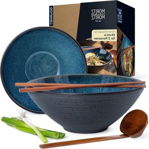 SOLID 2 x Ramen kom keramiek - 500 ml - 24 cm Ø - Blauwe Ramen Bowl Set voor 2 personen - Voor soep Pho Bowl en Sushi Bowl - Incl. stokjes en lepel Schalen set