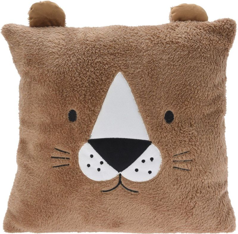 Excellent Houseware Dieren sierkussen - leeuw - kinderkamer - bruin - 43 cm - polyester - cadeau - met oren