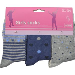 Meisjes sokken - katoen 6 paar - amour - maat 31/34 - assortiment grijs/blauw - naadloos