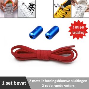 2 paar rode ronde elastische veters met metalic koningsblauwe sluitingen. Je hoeft voortaan nooit meer je veters te strikken