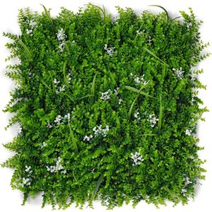 Kunsthaag plantenwand - Planten muur - Voor binnen en buiten - Buxus, Gras en Witte bloemetjes - 50 x 50 cm