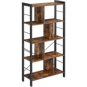 boekenkast, boekenplank met 4 niveaus, vrijstaande plank, boekenkast, kantoorplank, industrieel ontwerp, voor woonkamer, kantoor, studeerkamer, groot, metalen frame, vintage bruin-zwart LBC12BX