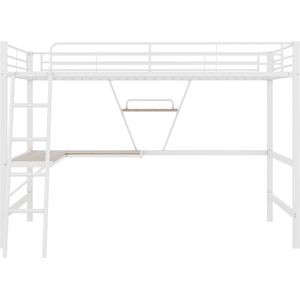 Gotagee Hoogslaper, 90x200cm bedframe metalen bed, ijzeren bed, hoogslaper met L-vormig bureau en een plank voor kinderen, tieners en volwassenen, zonder matras