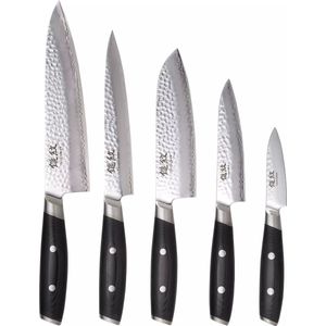 Yaxell Tsuchimon Messenset - 6-delig - Messenblok met 5 Messen - 3 Lagen Damaststaal - VG10 Staal - Canvas-Micarta Heft