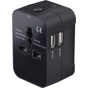 Wereldstekker met 2 USB Poorten - Internationale Reisstekker voor 150+ landen - Engeland (UK) - Amerika (USA) - Australië - Azië - Zuid Amerika - Afrika - Reis Adapter - Wereld Stekker - Oplader – Zwart