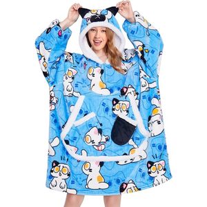 Oversized Hoodie Deken met Mouwen & Capuchon – Extra Warm en Comfortabel – Unisex Loungewear met Grote Zak – Blauw met witte kat print