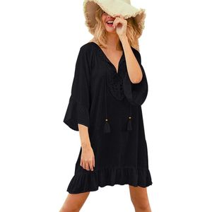 Allecto Plus - Bamboe strandjurk met kwasten en diepe V-hals, gele cover-up voor dames, strandponcho voor strandvakantie