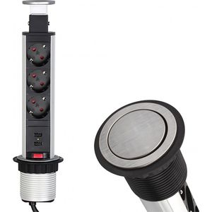 Design Light Liftbox Stekkerdoos - Verdeelstekker met 3 Stopcontacten - 2 USB A - Inbouw Stekkerblok met 1.8 meter kabel - Zilver