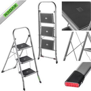 Vouwladder van staal - 3 treden, inklapbare trapladder met antislip treden en klapbeveiliging, tot 150 kg draagvermogen