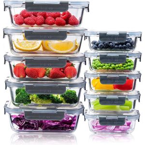 Glazen voedselbewaardozen 10 stuks, maaltijdbereidingsdozen met klikslot lekvrije deksels, herbruikbare magnetronveilige BPA-vrije lunchdozen (10 dozen en 10 deksels) 1050 ml & 370 ml