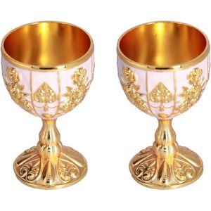 2 stuks vintage metalen reliëf gouden wijnbekers - handgemaakt en kort - ideaal voor thuisbar - met reliëf wijnlikeur - borrelglas