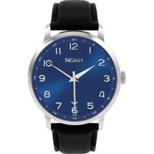 NOAH Slim Line GMT Blue leather - Horloge - Ø 43 mm - Blauw - Zwart Italiaans Lederen Band