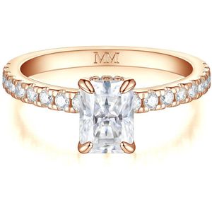Astra - 14k Roségouden Radiant Moissanite Ring met Pavé Zijstenen & Hidden Halo - 1.2 karaat