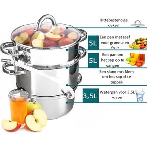 Altom Design professionele 6-delige sapcentrifuge pan/ slowjuicer voor op het fornuis 5L - Juicer - Sappan - Ontsapper - Stoomextractor - Fruit juicer - RVS