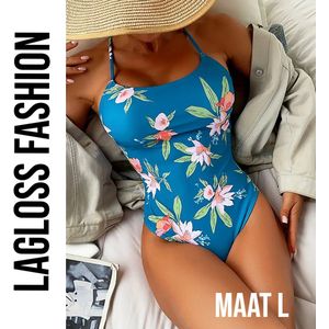LaGloss® Tropisch Badpak – Blauw met Bloemen – Flatterend Eendelig Zwempak – Maat S