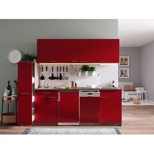 Goedkope keuken 225  cm - complete keuken met apparatuur Oliver  - Donker eiken/Rood  - keramische kookplaat - vaatwasser  - spoelbak