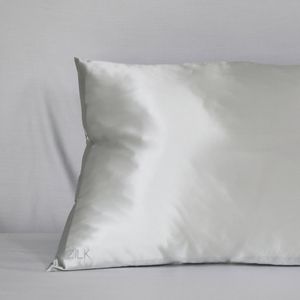 100% Zijden Slaapkit, 25 Momme 6A l Zijden Kussensloop, Slaapmasker en Scrunchie van Moerbeizijde l hypoallergeen, anti rimpel en anti pluis l Rits sluiting l Pillowcase Queen l Staalgrijs (51 x 76cm)