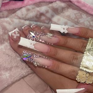 EGoods - Roze Lange Vierkante Press-On Nagels Set voor Teennagels - Witte Franse Nepnagels - Acryl Kunstnagels met 3D-Strik - Complete Set (48 stuks)