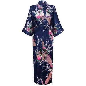 KIMU® Kimono Donkerblauw Maxi - Maat XS-S - Yukata Satijn Lang - Lange Donkerblauwe Ochtendjas Japanse Kamerjas Sexy Satijnen Badjas Geisha 152 158 16 Sinterklaas Kado