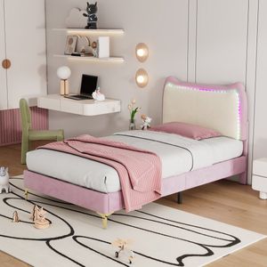 Gestoffeerd bed met hoofdeinde in de vorm van kattenoor-eenpersoonsbed kinderbed met veelkleurige aankleedledstrips/ houten latten - fluwelen bekleding - roze 90x200cm