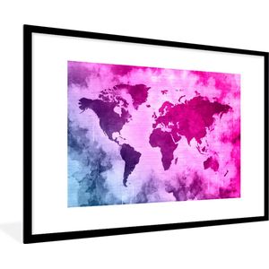 Fotolijst incl. Poster - Wereldkaart - Blauw - Roze - 90x60 cm - Posterlijst